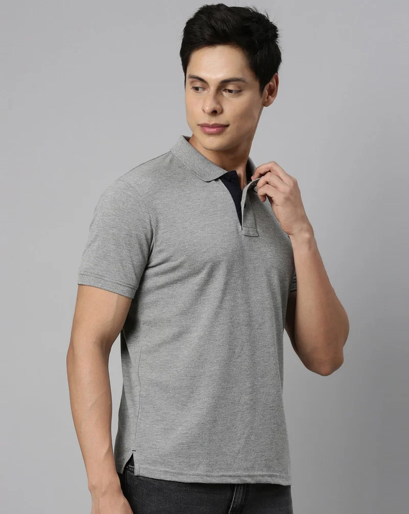 Joven Men Grey Solid Polo Collar Pure Cotton T-Shirt